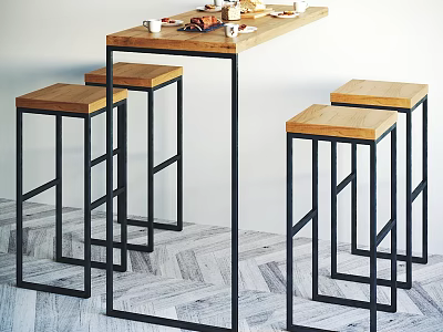 Contemporary Bar Counter Design With Wooden Top Black Metal Legs Bar Stools And Cups 3d model