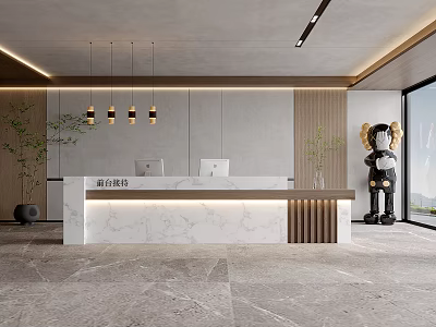 Modern Reception Desk With Marble Countertop Gray Wall Pendant Lights And Green Plants 3d model
