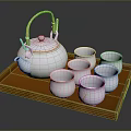 White Ceramic Tea Set with Bamboo Handle and Six Cups on Wooden Tray