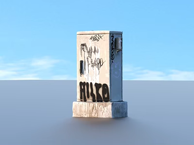Industrial Equipment with Graffiti Standing on Gray Ground Against Blue Sky Background 3d model