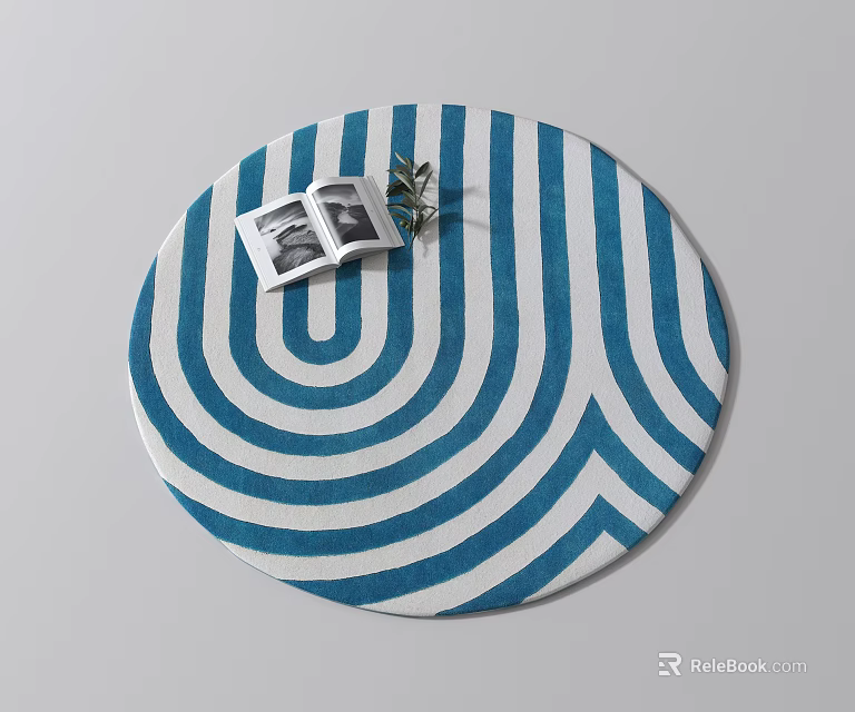 Blue And White Wavy Striped Round Rug With Open Magazine And Green Plant 3d model 