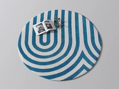 Blue And White Wavy Striped Round Rug With Open Magazine And Green Plant 3d model