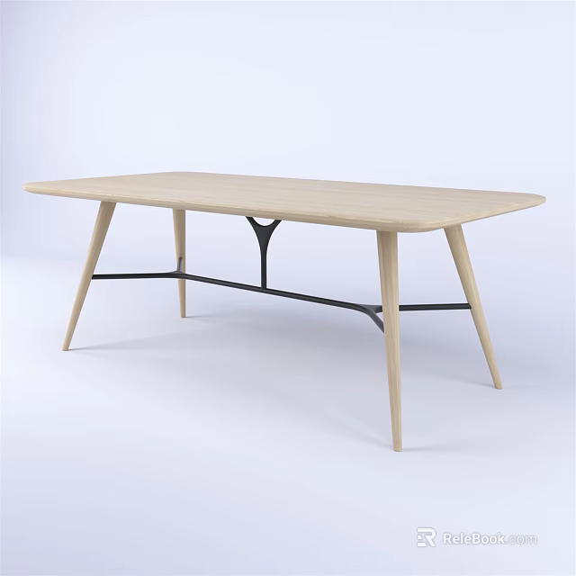Modern Wooden Dining Table Design With Tapering Legs And Metal Support Frame 3d model 