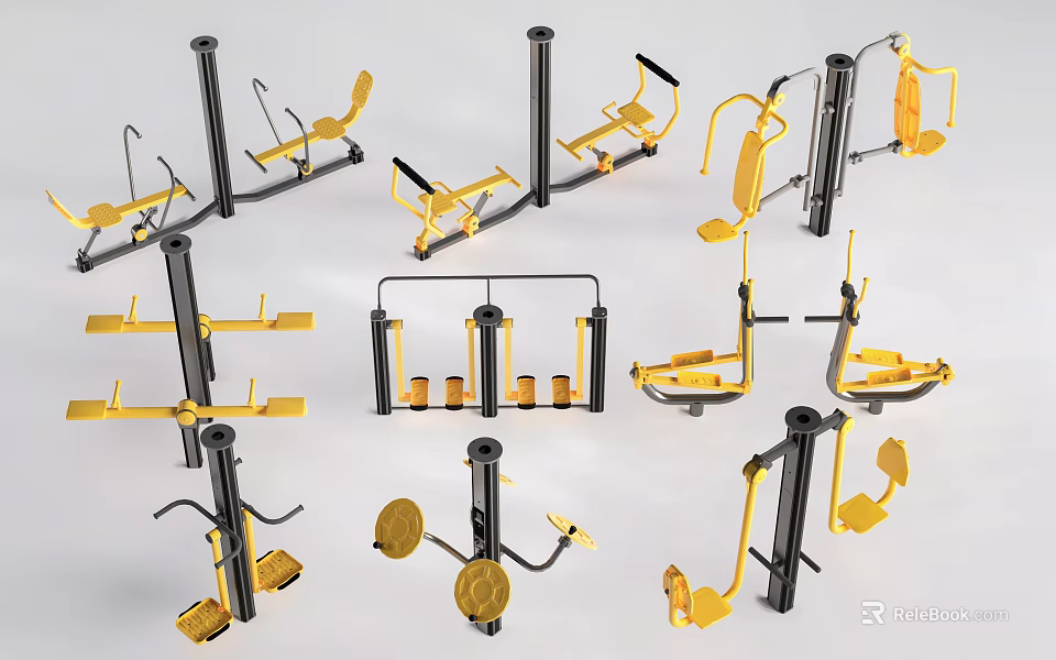 Various Yellow And Black Fitness Equipment For Gym Training Exercises 3d model 