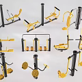Various Yellow And Black Fitness Equipment For Gym Training Exercises