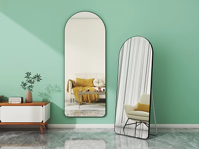 Oval Wall and Floor Mirrors in Light Green Interior with Yellow Sofa and Chair 3d model