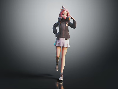 Pink Haired Girl With Rabbit Ears Hat Walking In Black Coat And White Skirt 3d model