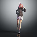 Pink Haired Girl With Rabbit Ears Hat Walking In Black Coat And White Skirt