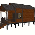 Stilted Wooden House With Brown Exterior Black Roof Porch Railing And Chairs