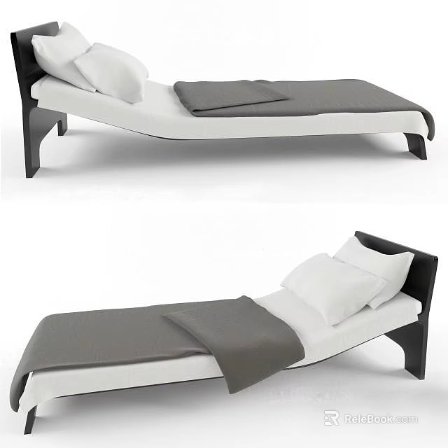 Modern Single Bed with Gray Mattress White Pillows Blanket and Black Frame 3d model 