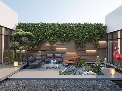 Courtyard Garden Design with Green Plant Wall Wooden Wall Sofa Chair Flamingo Decoration and Stone Landscape 3d model