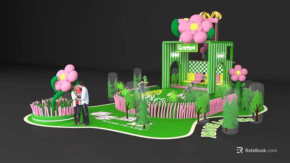 McDonald's Themed Photo Spot With Pink Flowers Green Structure And Coca-Cola Decorations 3d model 