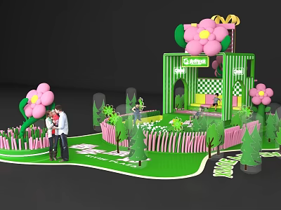 McDonald's Themed Photo Spot With Pink Flowers Green Structure And Coca-Cola Decorations 3d model
