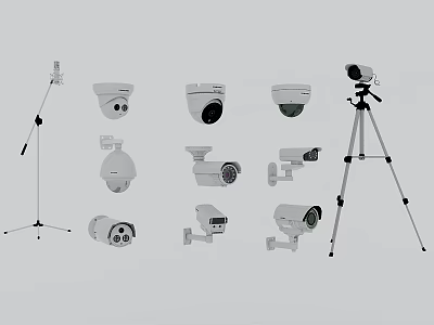 Dome Bullet and PTZ Surveillance Cameras With Tripod and Wall Mounts 3d model