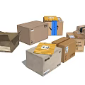 Multiple Cartons in Various Sizes Open and Sealed with Labels and Tape