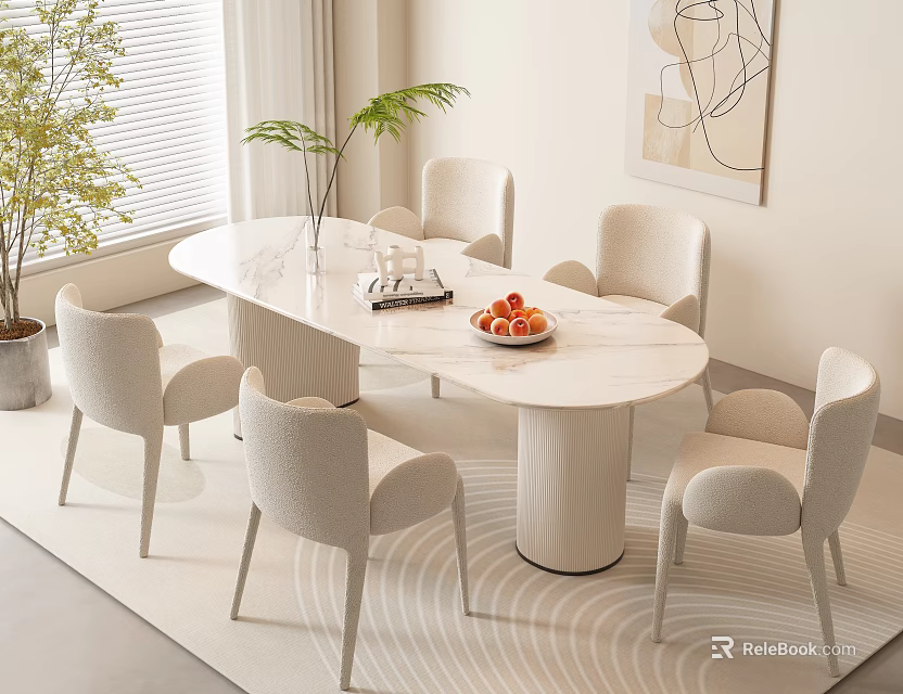 Modern Round Dining Table Set With Four Light Colored Chairs Marble Top And Wall Art 3d model 