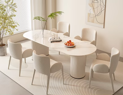 Modern Round Dining Table Set With Four Light Colored Chairs Marble Top And Wall Art 3d model