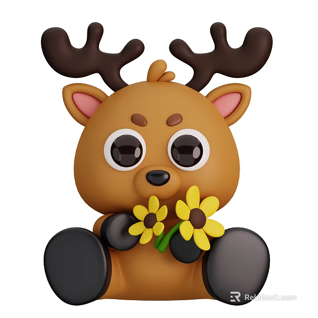 Cute Cartoon Deer Character With Brown Antlers Big Eyes Holding Yellow Flowers 3d model 