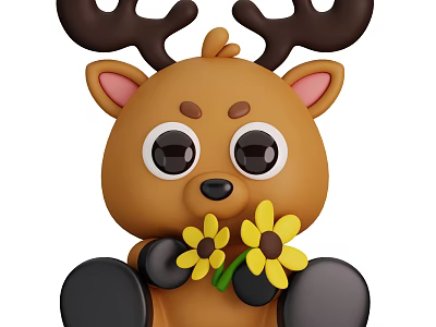 Cute Cartoon Deer Character With Brown Antlers Big Eyes Holding Yellow Flowers 3d model