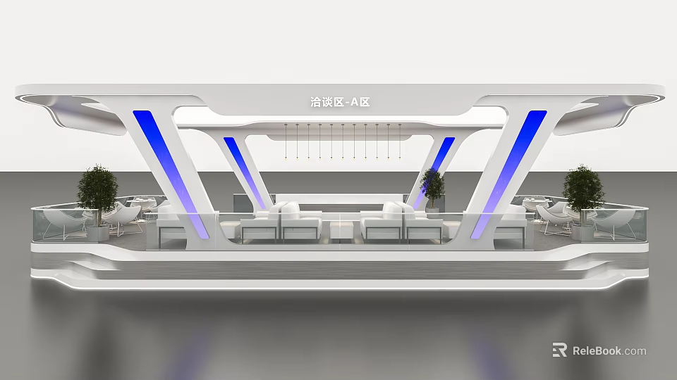 Modern Lounge Area A Zone Interior With White Blue Accents Sofas And Plants 3d model
