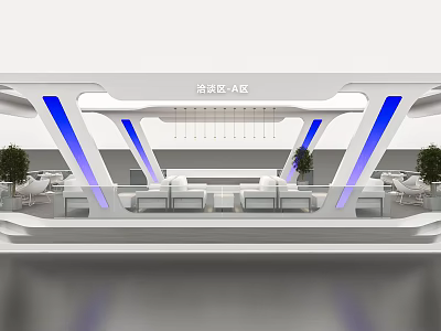 Modern Lounge Area A Zone Interior With White Blue Accents Sofas And Plants 3d model