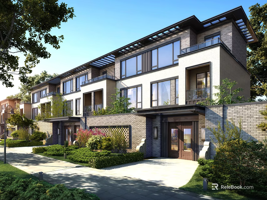 Modern Townhouse Exterior With Large Windows Balconies Driveway And Landscaped Greenery 3d model 