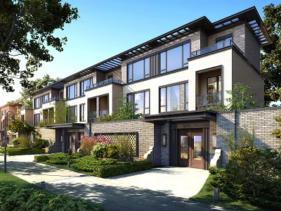 Modern Townhouse Exterior With Large Windows Balconies Driveway And Landscaped Greenery 3d model
