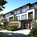 Modern Townhouse Exterior With Large Windows Balconies Driveway And Landscaped Greenery