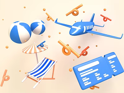 Blue Airplane with Beach Balls Beach Chair Umbrella and Boarding Pass for Summer Vacation 3d model