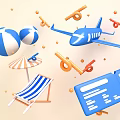 Blue Airplane with Beach Balls Beach Chair Umbrella and Boarding Pass for Summer Vacation