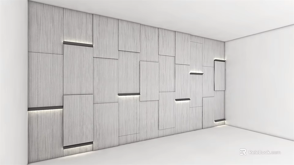 Modern Bed Accent Wall With Geometric Panels And Lighting 3d model