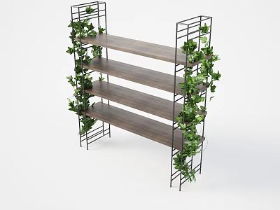 Decorative Display Shelf with Metal Frame Wooden Shelves and Green Ivy Plants 3d model