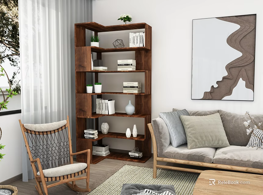 Modern Living Room With Wooden Bookshelf Storage Display Decorative Items Sofa Rocking Chair And Artwork 3d model 