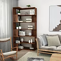Modern Living Room With Wooden Bookshelf Storage Display Decorative Items Sofa Rocking Chair And Artwork