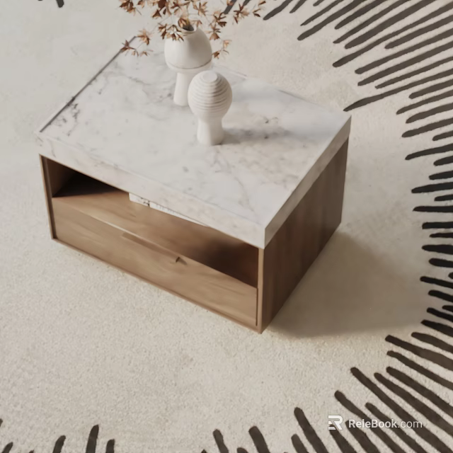 Elegant Wooden Bedside Table With Marble Top Single Drawer And White Sculptures 3d model 