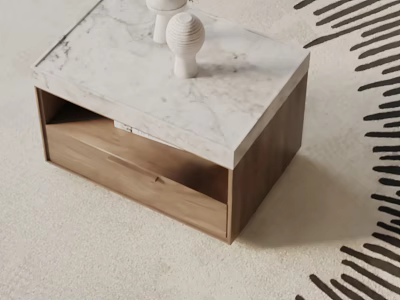 Elegant Wooden Bedside Table With Marble Top Single Drawer And White Sculptures 3d model