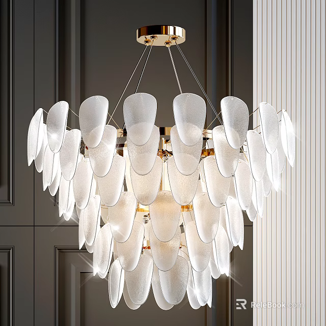 Modern Elegant Chandelier With White Translucent Glass Shades And Gold Metal Frame 3d model 