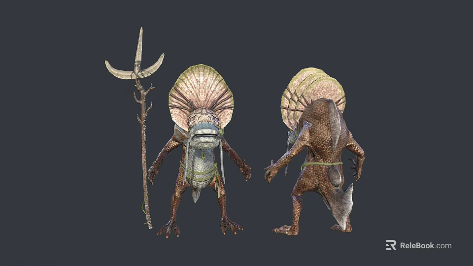 Fantasy Creature Characters With Trident Weapon Fan Shaped Adornment And Scaly Skin In Different Poses 3d model 