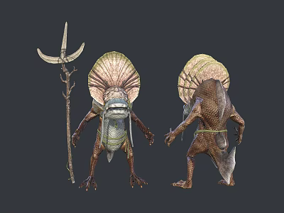 Fantasy Creature Characters With Trident Weapon Fan Shaped Adornment And Scaly Skin In Different Poses 3d model