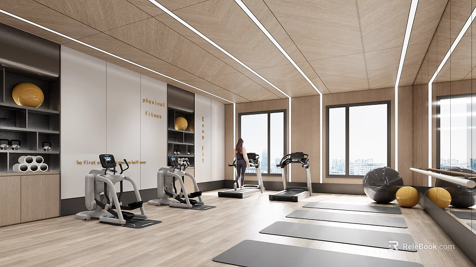 Bright Modern Fitness Studio With Treadmills Exercise Bikes And Yoga Mats On Wooden Flooring 3d model 