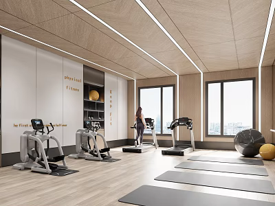 Bright Modern Fitness Studio With Treadmills Exercise Bikes And Yoga Mats On Wooden Flooring 3d model