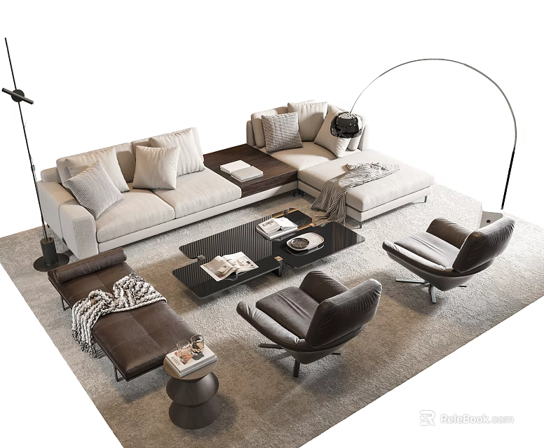 Modern Beige Sofa and Coffee Table Set With Pillows Armchairs and Floor Lamp on Rug 3d model 