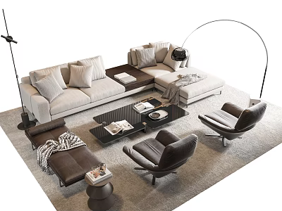 Modern Beige Sofa and Coffee Table Set With Pillows Armchairs and Floor Lamp on Rug 3d model
