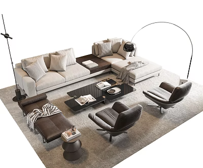 Modern Beige Sofa and Coffee Table Set With Pillows Armchairs and Floor Lamp on Rug 3d model