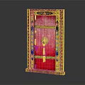 Ornate Red Door Furniture With Decorative Frame Colorful Patterns And Metal Door Knocker