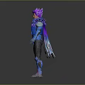 Fantasy Character With Purple Hair And Blue Feathered Costume