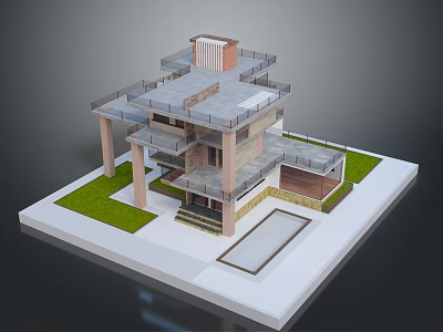Modern Multi Level Building With Flat Roof Terrace Balcony Lawn And Stone Steps 3d model
