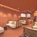 USA COFFE Cafe Exterior With Red Brick Structure Glass Door Windows And Interior Furniture Plants