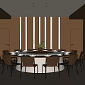 Elegant Private Dining Room With Round Table Wooden Decor And Striped Walls