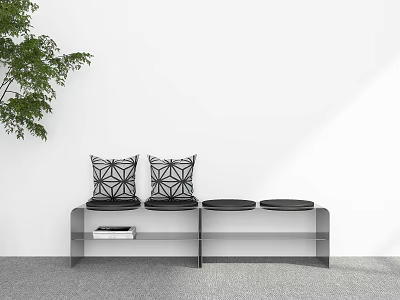 Interior Scene With Grey Bench Geometric Pattern Cushions Open Shelf Book Green Plant White Wall 3d model